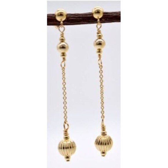 14K Solid Yellow Gold 6mm Corrugated Round Bead Drop/Dangle Earrings